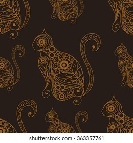 Seamless texture with lace pattern in floral style (with cat). Suitable for design: cloth, web, wallpaper, wrapping. Vector illustration.
