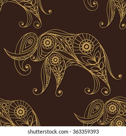 Seamless texture with lace pattern in floral style (with elephant). Suitable for design: cloth, web, wallpaper, wrapping. Vector illustration.