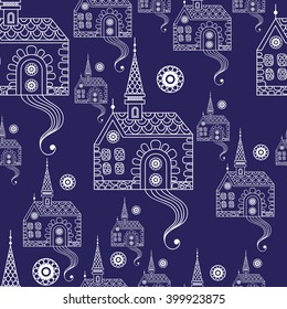 Seamless texture with lace pattern in floral style (with castle (palace). Suitable for design: cloth, web, wallpaper, wrapping.