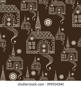 Seamless texture with lace pattern in floral style (with castle (palace). Suitable for design: cloth, web, wallpaper, wrapping.