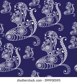 Seamless texture with lace pattern in floral style (with mermaid, nixie, water nymph, seamaid, seamaiden, undine). Suitable for design: cloth, web, wallpaper, wrapping.