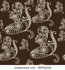 Seamless texture with lace pattern in floral style (with mermaid, nixie, water nymph, seamaid, seamaiden, undine). Suitable for design: cloth, web, wallpaper, wrapping.