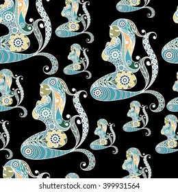 Seamless texture with lace pattern in floral style (with mermaid, nixie, water nymph, seamaid, seamaiden, undine). Suitable for design: cloth, web, wallpaper, wrapping.