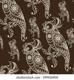 Seamless texture with lace pattern in floral style (with bird(parrot). Suitable for design: cloth, web, wallpaper, wrapping. Vector illustration.