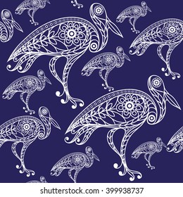 Seamless texture with lace pattern in floral style (with bird(stork, heron). Suitable for design: cloth, web, wallpaper, wrapping. Vector illustration.