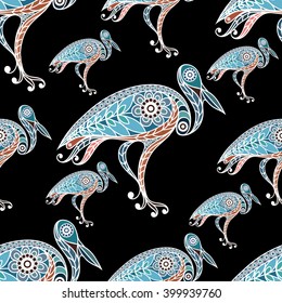 Seamless texture with lace pattern in floral style (with bird(stork, heron). Suitable for design: cloth, web, wallpaper, wrapping. Vector illustration.