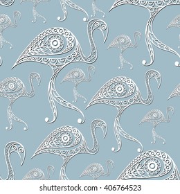 Seamless texture with lace pattern in floral style (with flamingo). 