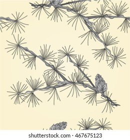 Seamless texture Larch tamarack branch as vintage engraving vector illustration
