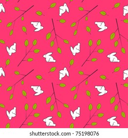 Seamless texture with leafs and rabbits. In warm color. Vector illustration.