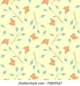 Seamless texture with leafs and rabbits. In warm color. Vector illustration.