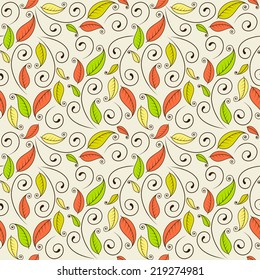 Seamless texture with leaves and curls.  Vector.