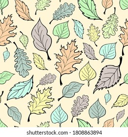 Seamless texture with the leaves. Nature, parks and Outdoor. Autumn leaves. Hand-drawn sketch. 