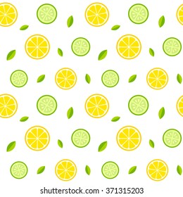 Seamless texture with lemons, cucumbers and mint leaves. Healthy fresh lemonade or salad pattern. Vector illustration.