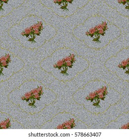 Seamless texture light denim with printed flowers and dots. Vector illustration.