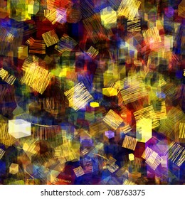 Seamless texture. Light hatching squares and 3d cubes on dark backdrop. Abstract vector background for web page, banners, fabric, home decor, wrapping 