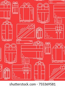 Seamless texture with linear festive gifts of various shapes. Vector pattern for your design