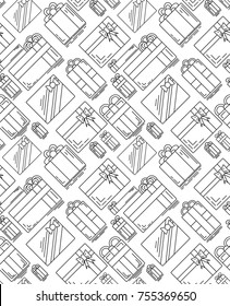 Seamless texture with linear festive gifts of various shapes. Vector pattern for your design