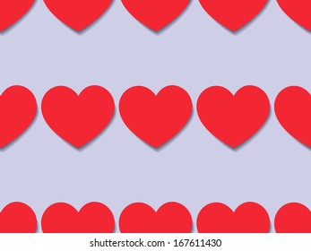 Seamless texture with lines of red  hearts on lilac background.