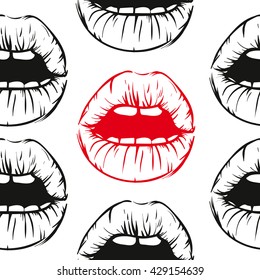seamless texture of the lips. Black lips.Black lips on white background.linear red lips