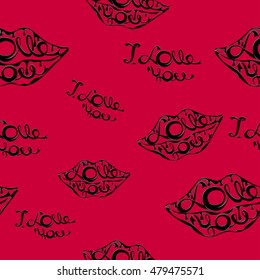 Seamless texture with lips and text: I love you. Black  lips typography and words on a red background. Vector illustration.