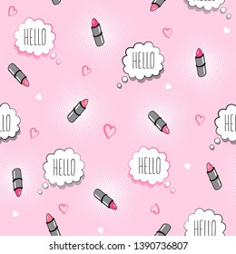 Seamless texture. Lipstick and speech bubble on a pink background. Vector illustration 