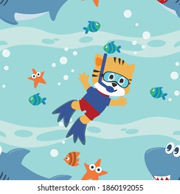 Seamless texture with little cat that swim in diving masks underwater. For fabric textile, nursery, baby clothes, background, textile, wrapping paper and other decoration.