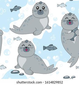 Seamless texture of little cute gray fur seal.
