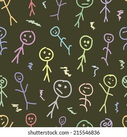 Seamless texture with little men and curls against a dark background