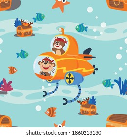 seamless texture with little monkey and bear driving submarine, For fabric textile, nursery, baby clothes, background, textile, wrapping paper and other decoration.