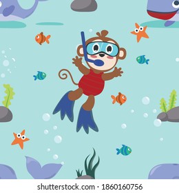 Seamless texture with little monkey that swim in diving masks underwater. For fabric textile, nursery, baby clothes, background, textile, wrapping paper and other decoration.
