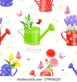 seamless texture with lovely flowers in watering cans and butterflies