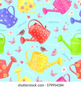 seamless texture with lovely watering cans and butterflies