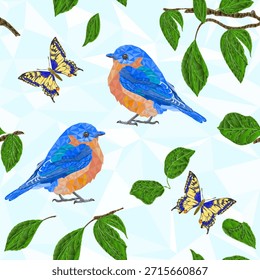 Textura inconsútil bajo-poligonal pájaro y mariposa Ilustración vectorial editable dibujado a mano