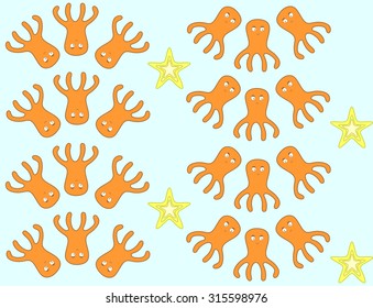 Seamless texture made of cute orange octopuses and yellow starfishes on light blue background