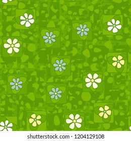 Seamless texture made up of flowers, spots and angular lines.