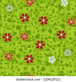 Seamless texture made up of flowers, spots and angular lines.