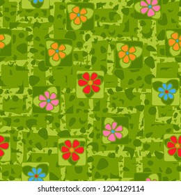 Seamless texture made up of flowers, spots and angular lines.