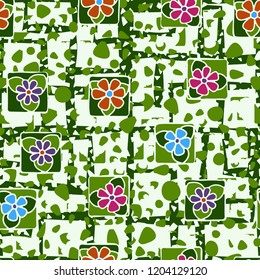 Seamless texture made up of flowers, spots and angular lines.