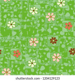 Seamless texture made up of flowers, spots and angular lines.
