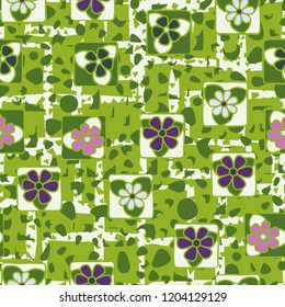 Seamless texture made up of flowers, spots and angular lines.