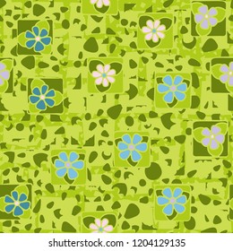 Seamless texture made up of flowers, spots and angular lines.