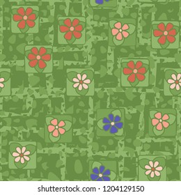 Seamless texture made up of flowers, spots and angular lines.