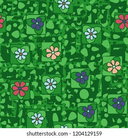 Seamless texture made up of flowers, spots and angular lines.