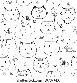 Seamless texture made with ink cats faces, drawn freehand with liquid dye, emotional, funny, funky, black and white. Vector illustration with emotional cats variations, flowers, butterflies and food. 