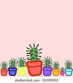 Seamless texture made of many cute cactuses in colorful pots on orange pastel background