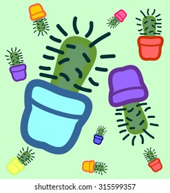Seamless texture made of many cute cactuses in colorful pots on green pastel background