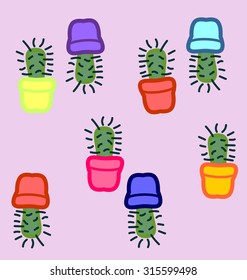 Seamless texture made of many cute cactuses in colorful pots on pink pastel background