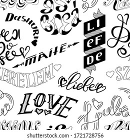 Seamless texture made of word LOVE written in different languages (Basque, Albanian, German, Irish, Dutch, Portuguese, Spanish, Hungarian, French, Romanian, Bosnian, Ukrainian, Norwegian etc.)