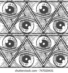 Seamless texture. Magic repeating background. Tile pattern with pyramid with eye. Gray triangles.
