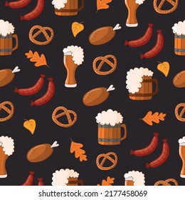 Seamless texture. The main symbols of Oktoberfest. Beer, wooden mugs, sausages, pretzel, fried chicken, autumn leaves on a dark background.